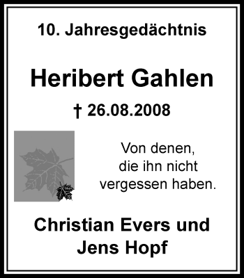 Traueranzeige von Heribert Gahlen von Stadtspiegel Re+Marl+Dat+Herten