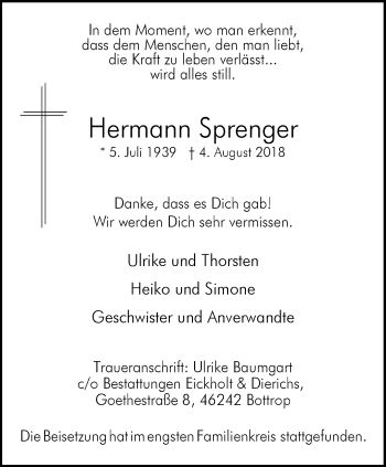 Traueranzeige von Hermann Sprenger von Stadtspiegel Bottrop