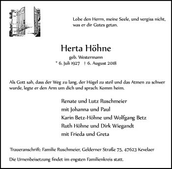 Traueranzeige von Herta Höhne von Der Weseler + Der Xantener