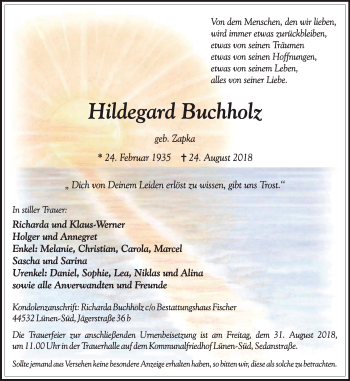 Traueranzeige von Hildegard Buchholz von Lüner Anzeiger