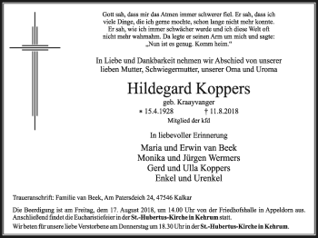 Traueranzeige von Hildegard Koppers von Klever Wochenblatt