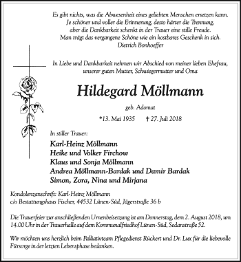 Traueranzeige von Hildegard Möllmann von Lüner Anzeiger