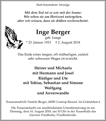 Traueranzeige von Inge Berger von Stadtanz.Castrop-Rauxel