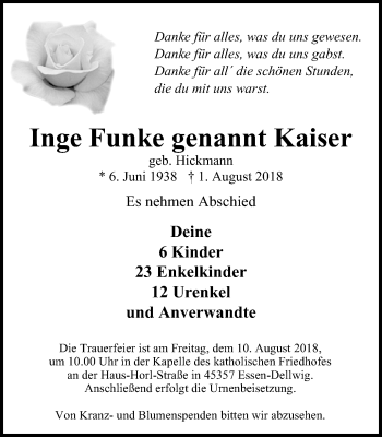 Traueranzeige von Inge Funke von Borbeck Kurier