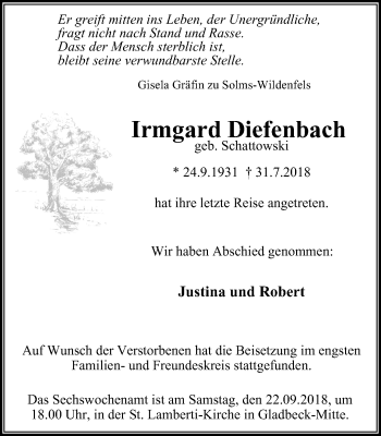 Traueranzeige von Irmgard Diefenbach von Stadtspiegel Gladbeck