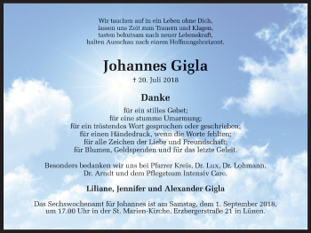 Traueranzeige von Johannes Gigla von Lüner Anzeiger