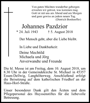 Traueranzeige von Johannes Pazdzior von Borbeck Kurier