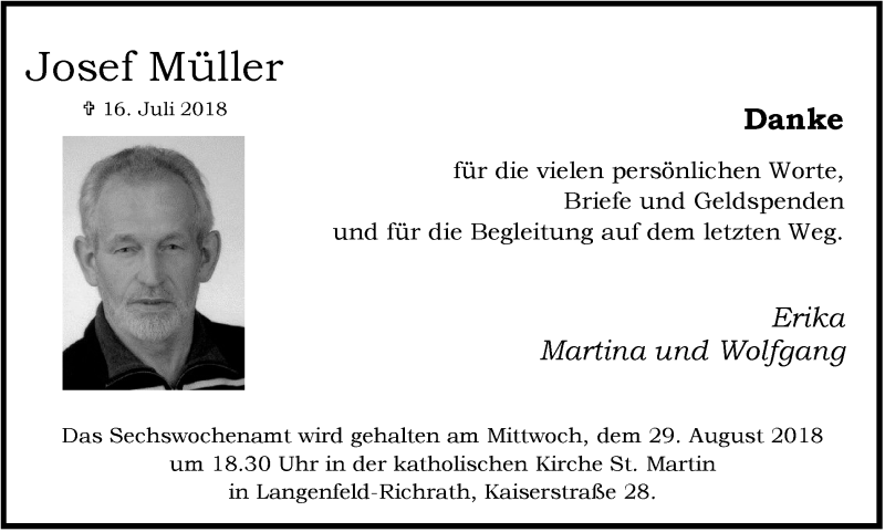  Traueranzeige für Josef Müller vom 25.08.2018 aus Wochen-Anzeiger Langenfeld/Monheim/Hilden
