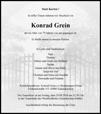 Traueranzeige von Konrad Grein von Stadtspiegel Gelsenkirchen