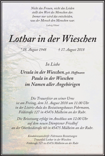 Traueranzeige von Lothar in der Wieschen von Mülheimer Woche