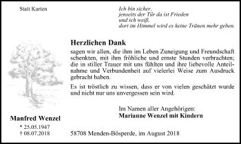 Traueranzeige von Manfred Wenzel von Stadtspiegel Menden + Froendenberg
