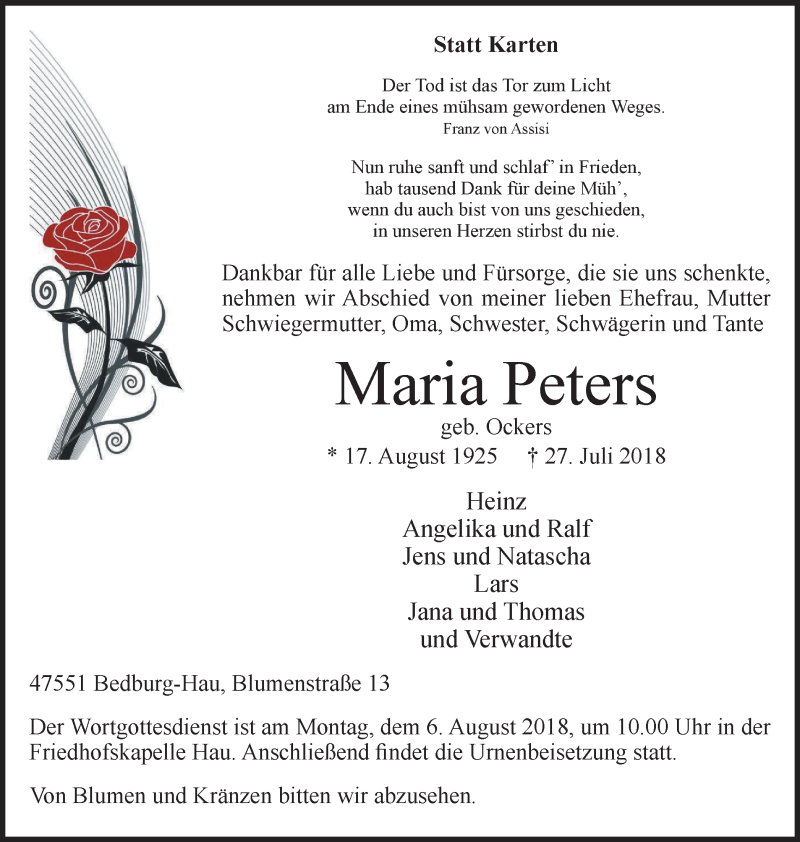  Traueranzeige für Maria Peters vom 01.08.2018 aus Klever Wochenblatt