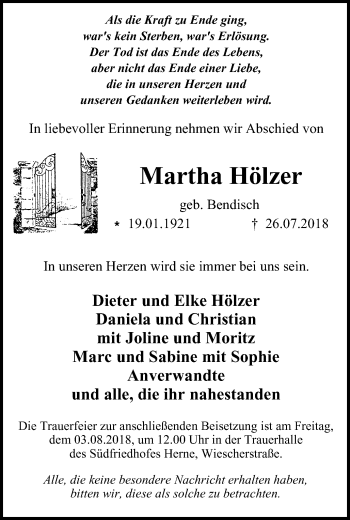Traueranzeige von Martha Hölzer von Wochenblatt Herne/Wanne-Eickel