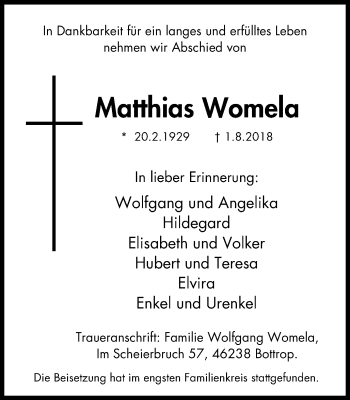 Traueranzeige von Matthias Womela von Stadtspiegel Bottrop