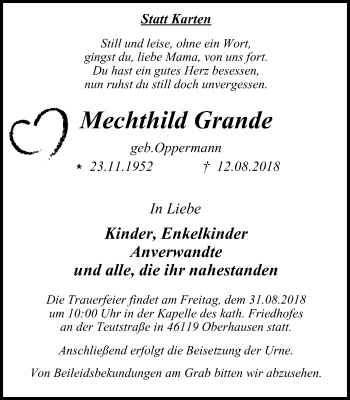 Traueranzeige von Mechthild Grande von Wochen-Anzeiger Oberhausen