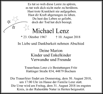 Traueranzeige von Michael Lenz von Stadtspiegel Bochum + Wattenscheid