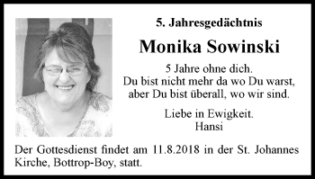 Traueranzeige von Monika Sowinski von Stadtspiegel Bottrop