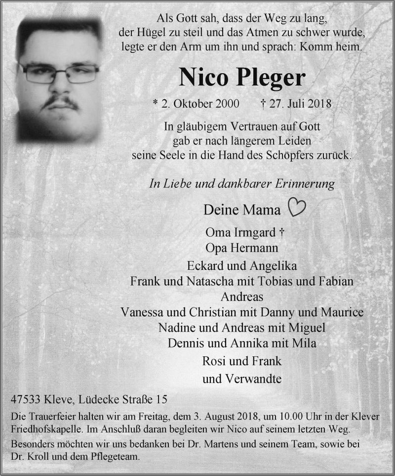  Traueranzeige für Nico Pleger vom 01.08.2018 aus Klever Wochenblatt