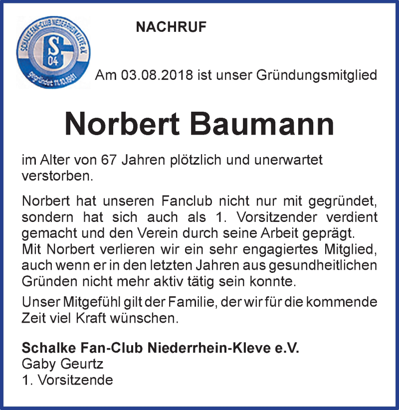  Traueranzeige für Norbert Baumann vom 11.08.2018 aus Klever Wochenblatt