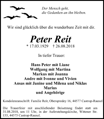 Traueranzeige von Peter Reit von Stadtanz.Castrop-Rauxel