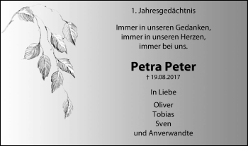 Traueranzeige von Petra Peter von Stadtspiegel Iserlohn + Hemer