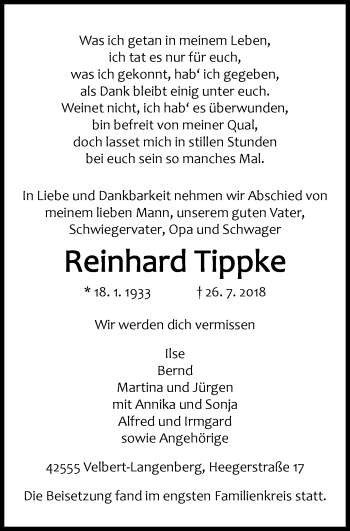 Traueranzeige von Reinhard Tippke von Stadtanzeiger Velbert + Heiligenhaus