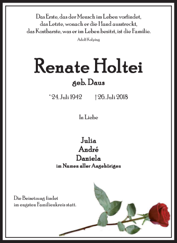 Traueranzeige von Renate Holtei von Mülheimer Woche