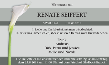 Traueranzeige von Renate Seiffert von Stadtspiegel Gelsenkirchen