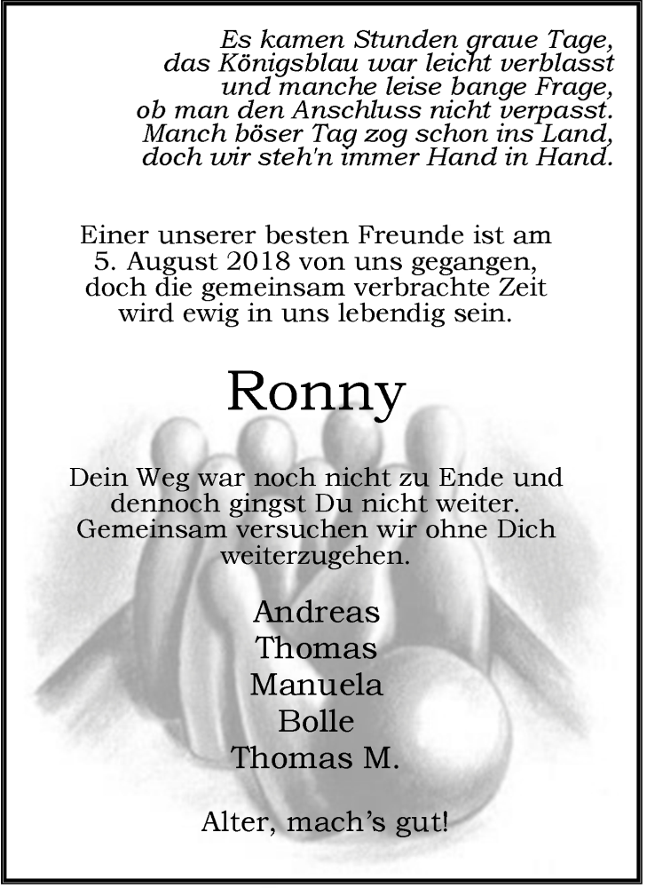  Traueranzeige für Ronny  vom 18.08.2018 aus Wochen-Anzeiger Langenfeld/Monheim/Hilden