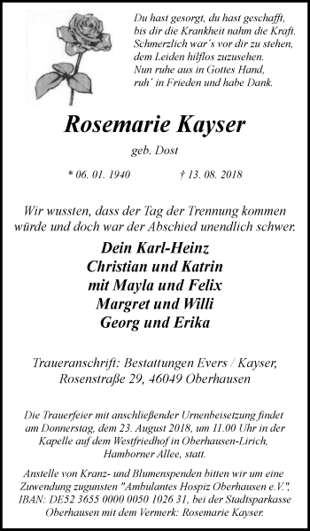 Traueranzeige von Rosemarie Kayser von Wochen-Anzeiger Oberhausen