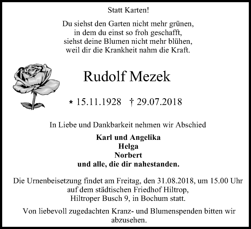  Traueranzeige für Rudolf Mezek vom 18.08.2018 aus Stadtspiegel Bochum + Wattenscheid