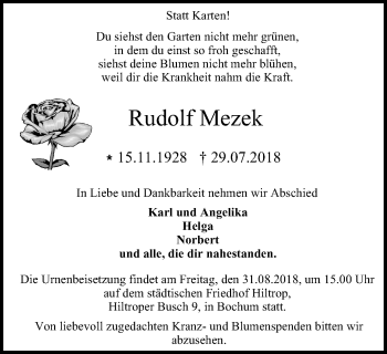 Traueranzeige von Rudolf Mezek von Stadtspiegel Bochum + Wattenscheid