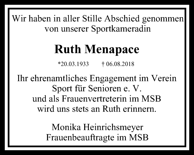  Traueranzeige für Ruth Menapace vom 18.08.2018 aus Mülheimer Woche