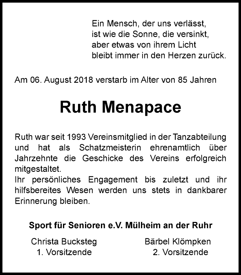  Traueranzeige für Ruth Menapace vom 11.08.2018 aus Mülheimer Woche