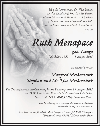 Traueranzeige von Ruth Menapace von Mülheimer Woche