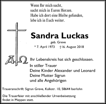 Traueranzeige von Sandra Luckas von Stadtspiegel Iserlohn + Hemer