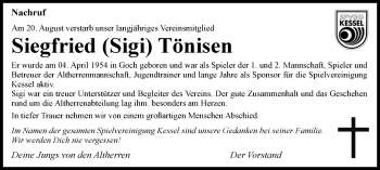 Traueranzeige von Siegfried Tönisen von Gocher Wochenblatt