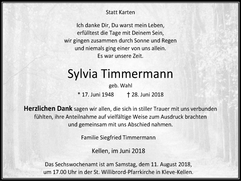  Traueranzeige für Sylvia Timmermann vom 04.08.2018 aus Klever Wochenblatt
