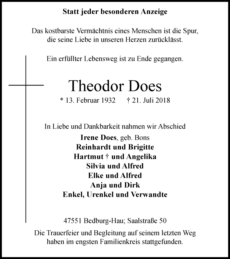  Traueranzeige für Theodor Does vom 04.08.2018 aus Klever Wochenblatt