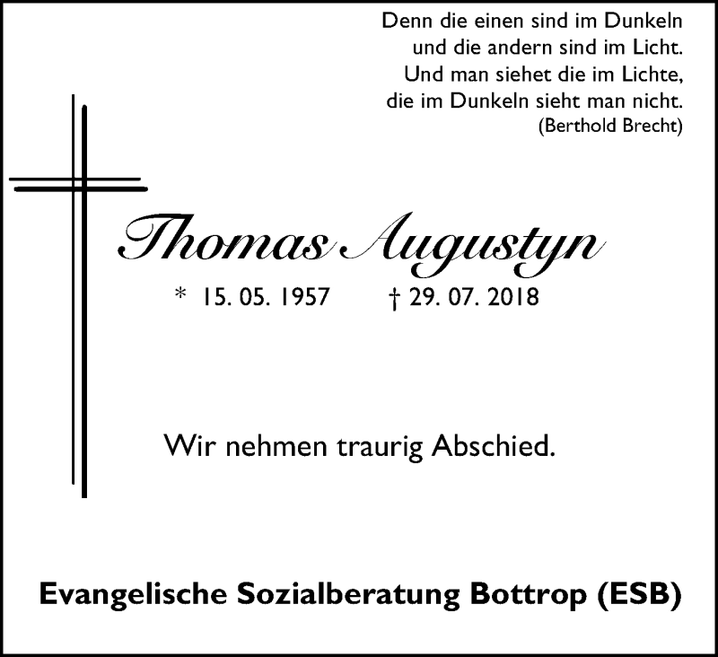  Traueranzeige für Thomas Augustyn vom 11.08.2018 aus Stadtspiegel Bottrop