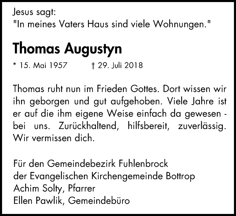  Traueranzeige für Thomas Augustyn vom 11.08.2018 aus Stadtspiegel Bottrop