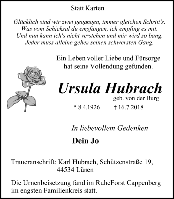 Traueranzeige von Ursula Hubrach von Lüner Anzeiger