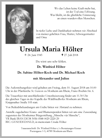Traueranzeige von Ursula Maria Hölter von Wochen-Anzeiger Langenfeld/Monheim/Hilden