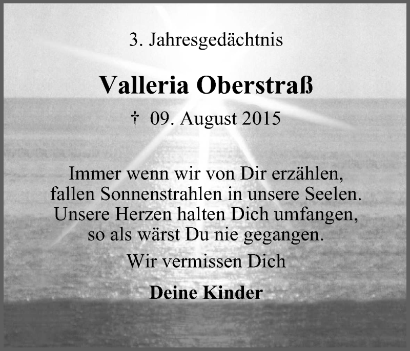  Traueranzeige für Valleria Oberstraß vom 11.08.2018 aus Stadtanzeiger Velbert + Heiligenhaus