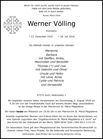 Traueranzeige von Werner Völling von Gocher Wochenblatt