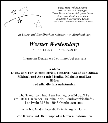 Traueranzeige von Werner Westendorp von Wochen-Anzeiger Oberhausen