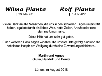 Traueranzeige von Wilma und Rolf Pianta von Lüner Anzeiger