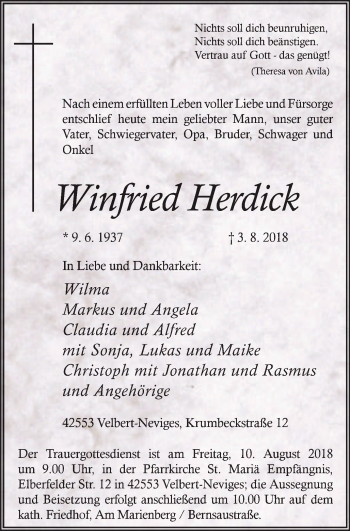Traueranzeige von Winfried Herdick von Stadtanzeiger Velbert + Heiligenhaus