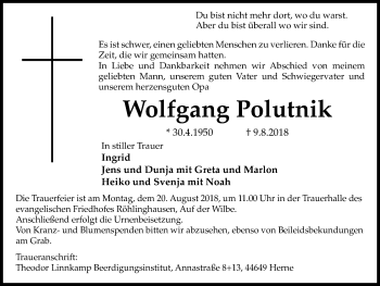 Traueranzeige von Wolfgang Polutnik von Wochenblatt Herne/Wanne-Eickel