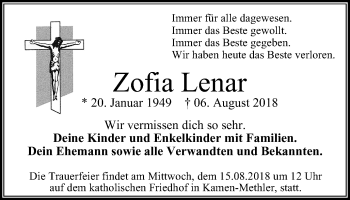 Traueranzeige von Zofia Lenar von Stadtspiegel Kamen + Unna
